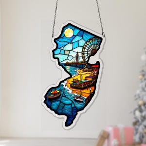 New Jersey Souvenir Ornament, State Map Acrylic Suncatcher, Christmas Travel Gift, Faux Stained Glass Décor