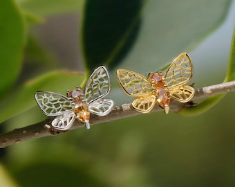 Butterfly Threadless Helix Stud, Champagne CZ Cartilage Earring,18K Gold Plated S925 Silver Titanium Flat Back,Tragus Lobe Piercing Jewelry