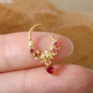 Grace in Bloom>> 16G Rose & Heart Septum Clicker, Dangle Septum Piercing, Flower Helix Hoop Earring, Gold Daith Earring Clicker, Tragus