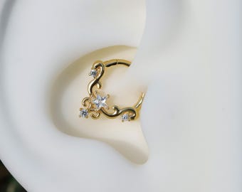 Star-Shape CZ Septum Ring: Sterling Silver Plated 18K Gold, Alt Fashion Daith Earring, Sharp Spike Helix Tragus Conch Hoop Jewelry