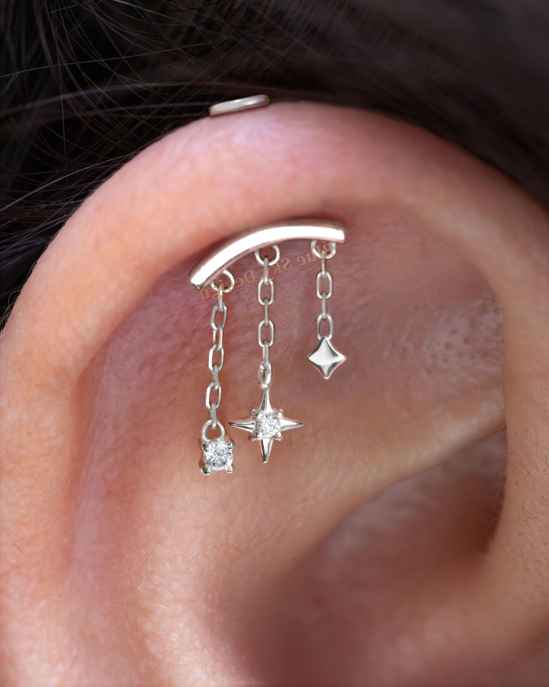 Designed for the RIGHT Ear Vertical Helix/ 925 Silver Helix Chain Earring 18K Plated/star Dangle Earring/threadless Push in Hidden Rook Stud - Etsy Japan