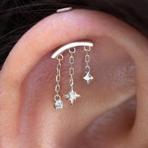 Designed for the RIGHT ear vertical helix/ 925 Silver Helix Chain Earring 18K Plated/Star Dangle Earring/Threadless Push In Hidden Rook Stud