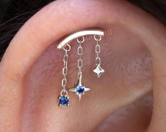 Pendientes colgantes de hélice vertical para oreja derecha con gemas azules, cadena de estrella, cierre a presión sin rosca, plata chapada en 18 quilates, cierre oculto tipo torre, parte trasera plana de titanio.
