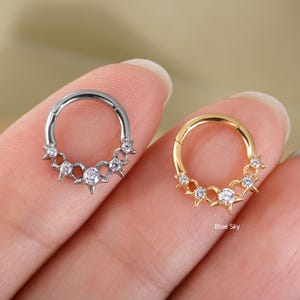 Anillo de tabique nasal de titanio ASTM F136 con estrellas/ Pendiente Daith con bisagra de 16 g/ Piercing de tabique nasal sin costuras de 8 mm/ Joyería de plata para piercing de tabique nasal/ Aro de hélice con estrellas