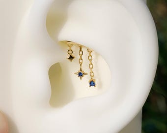 Diseñado para piercing de torre oculta/Pendientes colgantes de cadena de estrella azul en plata de ley/Tachuela de hélice vertical plana sin rosca/16G, 18G, 20G