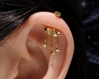 Exclusive Celestial Moth Vertical Helix Earring, Flat Back Threadless Push Pin Moon Star Dangle, Titanium Back & 925 Silver Cartilage Stud