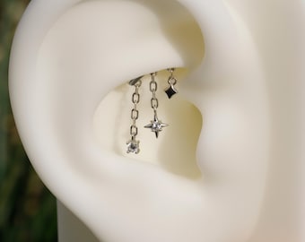 Diseñado para piercing de torre oculta/pendientes colgantes de cadena de estrella en plata de ley/pendiente de hélice vertical sin rosca con parte posterior plana/16 g, 18 g y 20 g