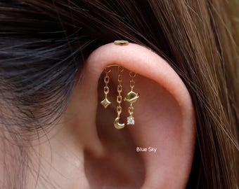 Diseñado para perforación de hélice vertical/Pendiente de cadena de hélice de plata 925 chapado en 18 quilates/Pendiente de estrella, luna y planeta/Pendiente de torre oculto sin rosca