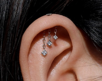 Designed for Vertical Helix Piercings/ Triple Square Stones Dangle Vertical Helix Stud/  Titanium Threadless Flat Back Hidden Rook Jewelry