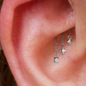 Designed for Hidden Rook Piercings/ 925 Silver Helix Chain Earring 18K Plated/ Star Dangle Earring/ Threadless Push In Vertical Helix Stud
