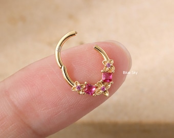 Sterling Silver Flower Daith Hoop Earrings, Daith Piercing Jewelry Handmade, Hinged Septum Ring, Unique Helix/Tragus/Lobe Cartilage Earrings