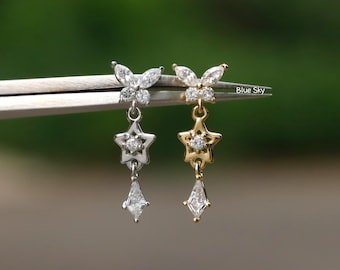 Butterfly Dangle Cartilage Stud Earring • Threadless Push In Flat Helix Piercing Jewelry •Sterling Silver Flat  Back Earring Plated 18K Gold
