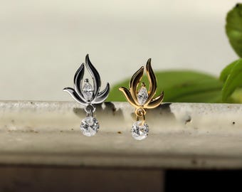 Lotus Tragus Earring, Gold Cartilage Stud with Dangle CZ, Delicate Helix Piercing, Minimalist Floral Ear Jewelry, Threadless Flat Back Drop