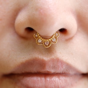 Moonstone Flower Septum Ring, Moissanite Hinged Septum Clicker,925 Sterling Silver Plated 18k Gold,Gold Daith Earring Hoop,Helix Tragus Hoop