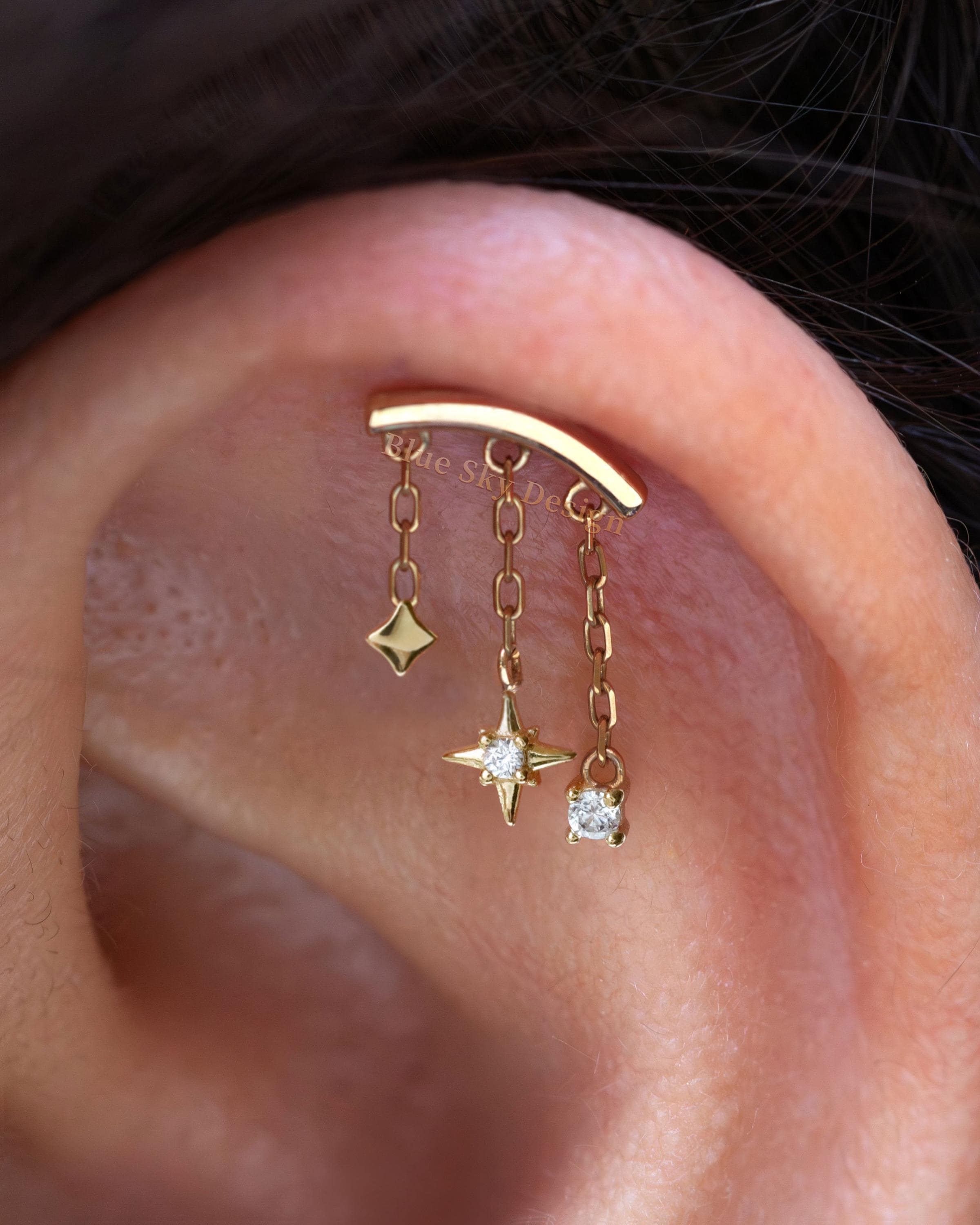925S Left Helix Chain Earring/Star Dangle Earring /Helix Push Pin Stud Earring /Threadless Cartilage Helix Earring Stud /Hidden Helix Stud