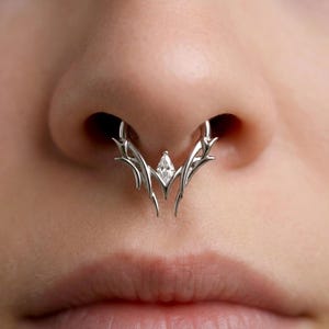 Thron Diamond-Shape CZ Septum Ring: Sterling Silver Plated 18K Gold, Alt Fashion Daith Earring, Sharp Spike Helix Tragus Conch Hoop Jewelry