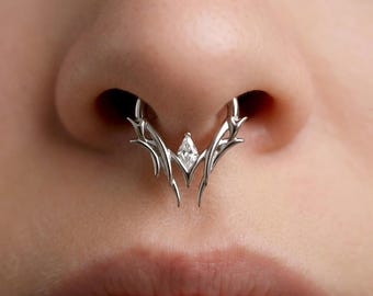Thron Diamond-Shape CZ Septum Ring: Sterling Silver Plated 18K Gold, Alt Fashion Daith Earring, Sharp Spike Helix Tragus Conch Hoop Jewelry