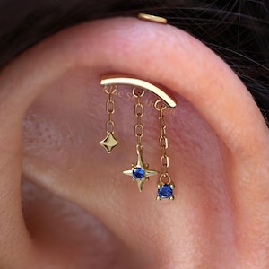Vertical Helix Dangle Earrings Stud/ Star Chain Vertical Helix Threadless Push In Stud/18K Plated Silver Hidden Rook Stud/Titanium Flat Back