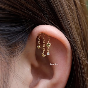 Planet Hidden Helix Chain Earring /Moon Dangle Earring /Helix Push Pin Stud Earring /Threadless Cartilage Helix Earring Stud/Flat Helix Stud