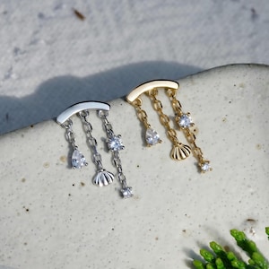 Little Shell Dangle Hidden Helix Piercing Sieraden in Sterling Zilver / Draadloze Push-in Floating Helix Oorbel / Titanium Platte Achterkant Goud