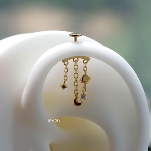 Designed for vertical helix piercing/925 Silver Helix Chain Earring 18K Plated/Star Moon Planet Earring/ Threadless Push In Hidden Rook Stud