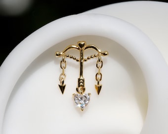 Cupid’s Arrow Heart Dangle Hidden Helix Earring: 18K Gold Plated 925 Silver Threadless Push In Cartilage Stud, Chain Flat Helix Piercing