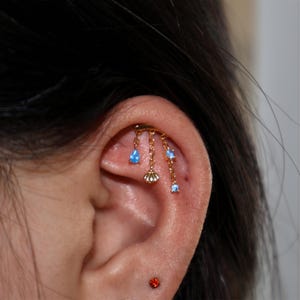 Ocean Shell Hidden Helix Chain Earring/ Chain Dangle Earring/ Helix Push Pin Stud Earring/Threadless Cartilage Helix Earring/Flat Helix Stud