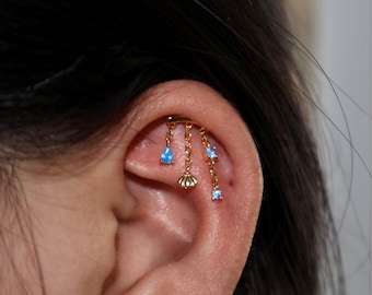 Ocean Shell Hidden Helix Chain Earring/ Chain Dangle Earring/ Helix Push Pin Stud Earring/Threadless Cartilage Helix Earring/Flat Helix Stud