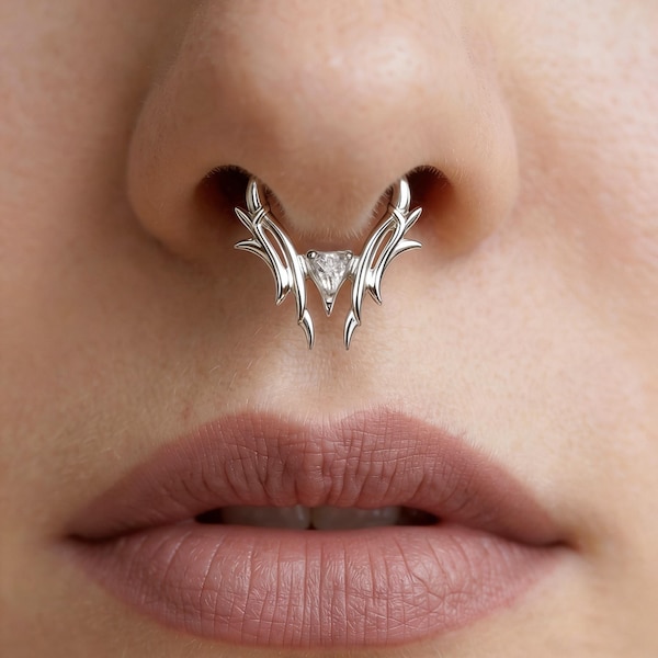 Anillo de septum con diseño de trono de 16G con piedra triangular: Aro para pendiente daith de diseño original, cierre de septum articulado de 8/10 mm, aro para la nariz de acero 316L