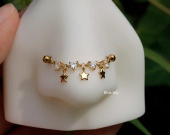 No Rules Star&Heart Chain Charm: Sterling Silver Helix Industril Conch Cartilage Wrap Chain, Dangle Nose Piercing DIY Chain Gold, 25mm 35mm