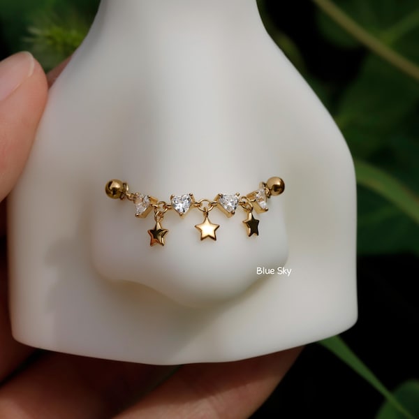 No Rules Star&Heart Chain Charm: Sterling Silver Helix Industril Conch Cartilage Wrap Chain, Dangle Nose Piercing DIY Chain Gold, 25mm 35mm