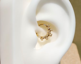 Peacock Tail Daith Hoop Earring: Sterling Silver Plated 18k solid gold, Hinged Septum Hoop Piercing Jewelry, Helix Tragus Cartilage Hoop