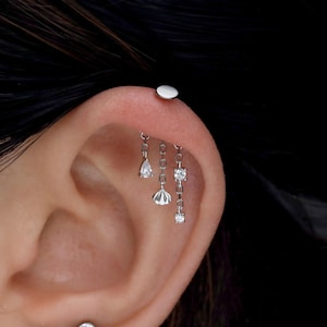 Designed for vertical helix piercing/925 Silver Helix Chain Earring 18K Plated/ Ocean Shell CZ Earring/ Threadless Push In Hidden Rook Stud