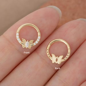 14K Solid Gold CZ Butterfly Septum Ring| 16G Hinged Septum Clicker| Daith Ring| Helix Earring| Tragus Earrings| Cartilage Hoop| Gift For Her