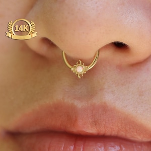 14K 16G Sun Hinged Septum Clicker White Opal, Hinged Solid Gold Septum Ring, 1.2*8mm Septum Piercing, Helix Tragus Conch Hoop,Christmas Gift