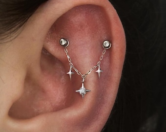 Star Dangle Earring Chain Sterling Silver/  Industrial Barbell Triple Stars Charm Chain/18K Gold Plated Helix Conch Lobe Nose Piercing Chain