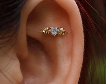 Bat Wing Heart Gem Flat Helix Threadless Stud: Sterling Silver Cartilage Earring, 18K Gold Plated Helix Conch Tragus Lobe Piercing Jewelry