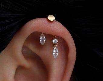 Sparkle Marquise Dangle Vertical Helix Piercing in Sterling Silver,Threadless Push Pin Floating Helix,Titanium Flat Back Hidden Rook Earring