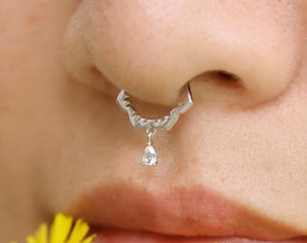 Moonstone Dangle Flower Septum Ring/Sterling Silver Septum Piercing Jewelry/ 16G Daith Hoop Earring/8mm Helix Tragus Cartilage Hoop Earrings