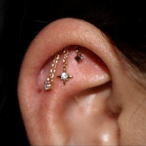 Right Ear Hidden Helix Chain Earring 925 Silver/ Star Dangle Earring /Helix Push Pin Stud Earring /Threadless Cartilage Helix Earring Stud