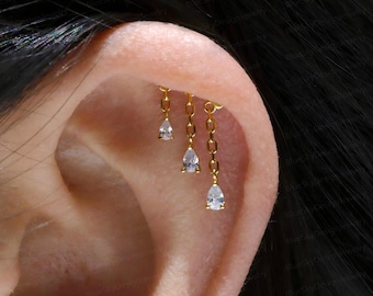 Triple Waterdrop Dangles Hidden Helix Jewelry/18K Gold Plated S925 Silver Floating Helix Earrings/Threadless Push Pin Flat Helix Stud 16G18G