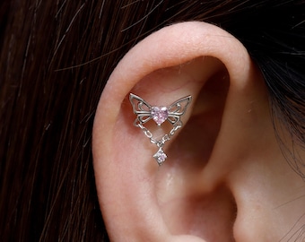 Butterfly Dangle Cartilage Stud Earring • Threadless Push In Flat Helix Piercing Jewelry •Sterling Silver Flat  Back Earring Plated 18K Gold