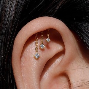 Triple Square CZ Hidden Helix Earring Stud: S925 Silver Floating Helix Piercing Jewelry, Titanium Threadless Post Back, Flat Back Earrings