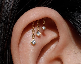 Triple Square CZ Hidden Helix Earring Stud: S925 Silver Floating Helix Piercing Jewelry, Titanium Threadless Post Back, Flat Back Earrings