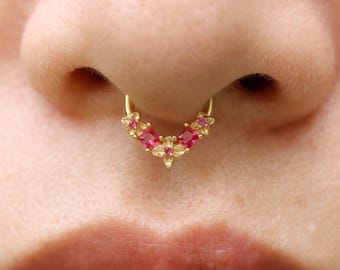 Sterling Silver Flower Septum Ring, Original Design Septum Nose Ring, Pink CZ Septum Piercing, Handmade Daith/Helix/Tragus Hoop Earrings