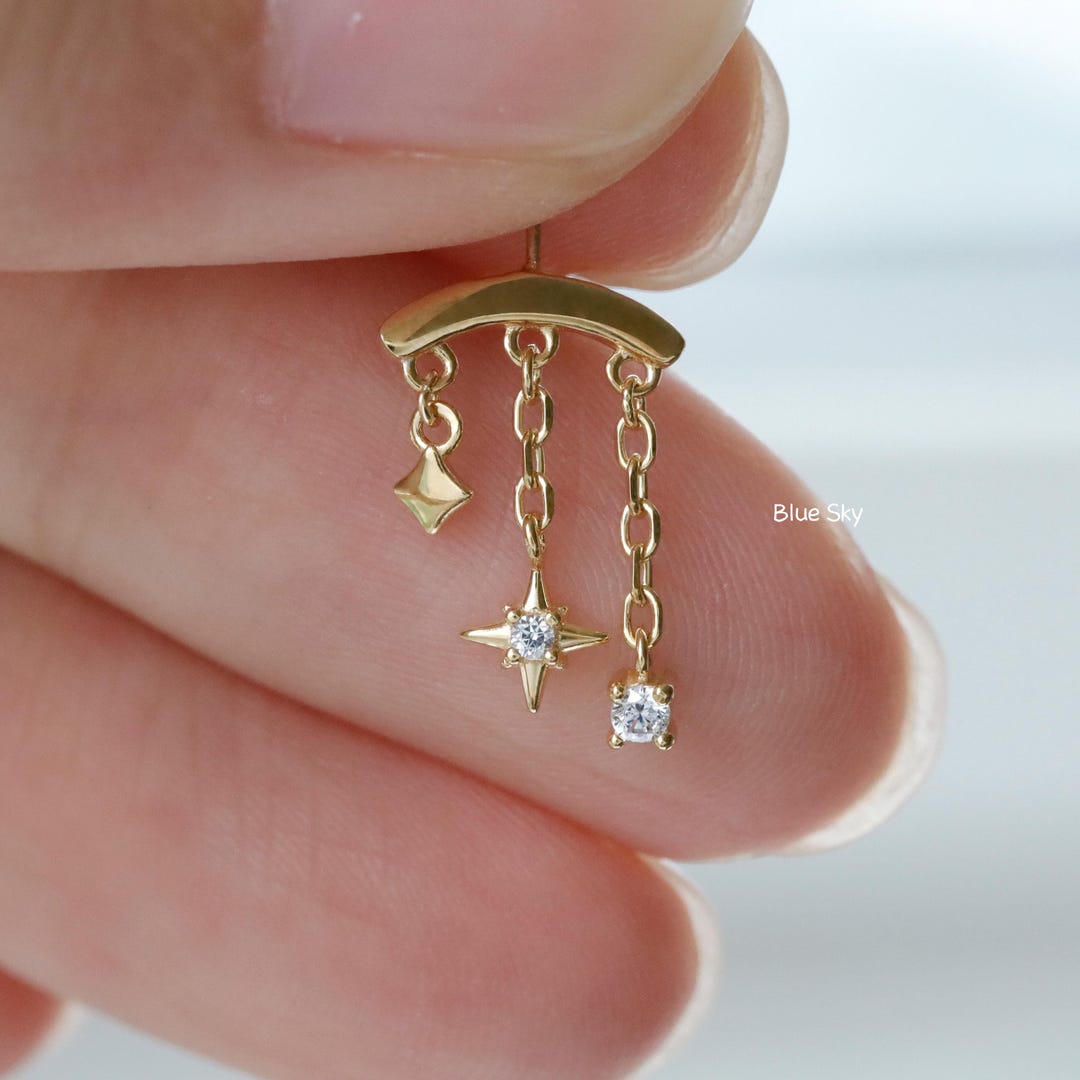 Designed for Vertical Helix Piercings/ 925 Silver Helix Chain Earring 18K Plated/ Star Dangle Earring/ Threadless Push in Hidden Rook Stud - Etsy Japan