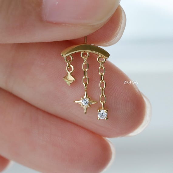 Designed for vertical helix piercings/ 925 Silver Helix Chain Earring 18K Plated/ Star Dangle Earring/ Threadless Push In Hidden Rook Stud
