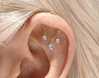 Natural Moonstone Vertical Helix Piercing Jewelry/ Sterling Silver Dangle Vertical Helix Stud/ Threadless Titanium Flat Back Earring Gold