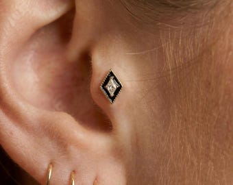 Rhombus Black Enamel CZ Tragus Studs, Sterling Silver Helix Piercing Earrings, Titanium Threadless Push Pin, Flat Back Minimalist Jewelry