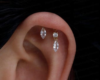 Sparkle Marquise Dangle Hidden Helix Piercing in Sterling Silver, Threadless Push Pin Floating Helix, Titanium Flat Back Flat Helix Earring